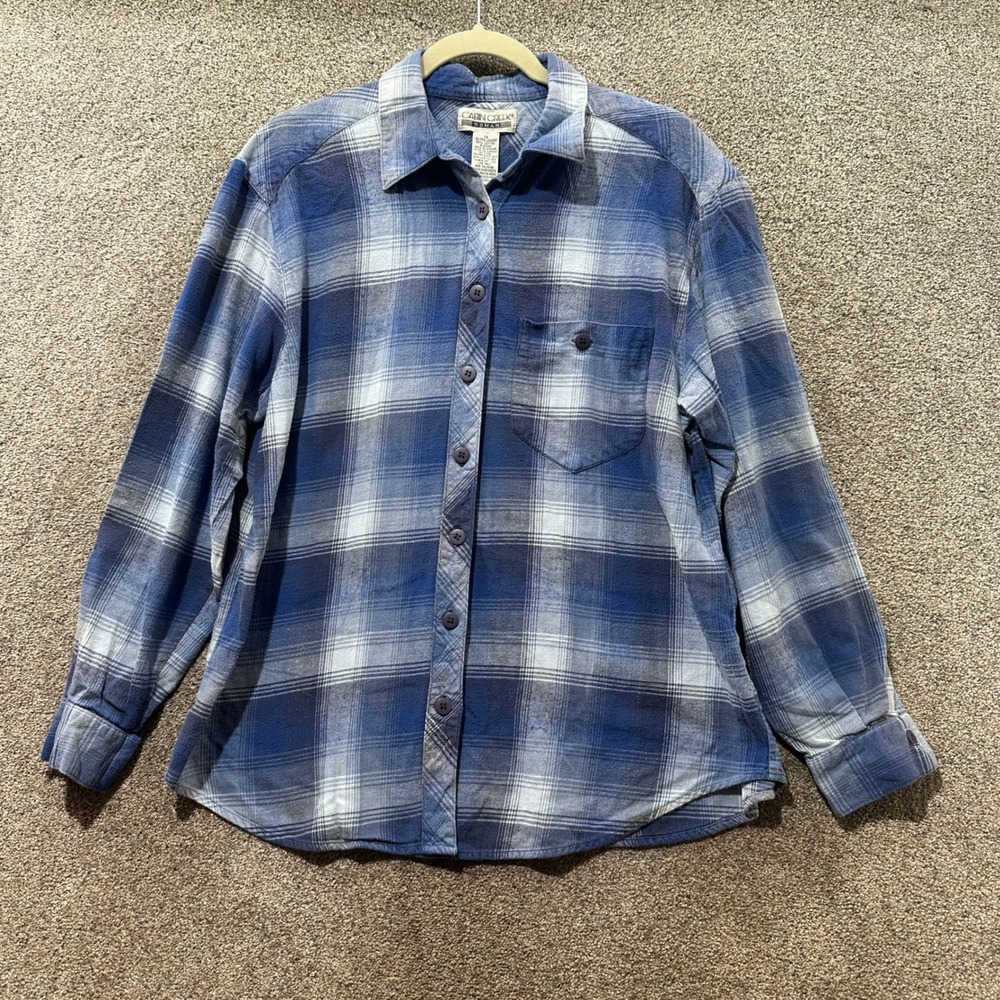 VTG Cabin Creek Flannel Button Up Shirt Women 1X‎ Blue White Cotton Casual